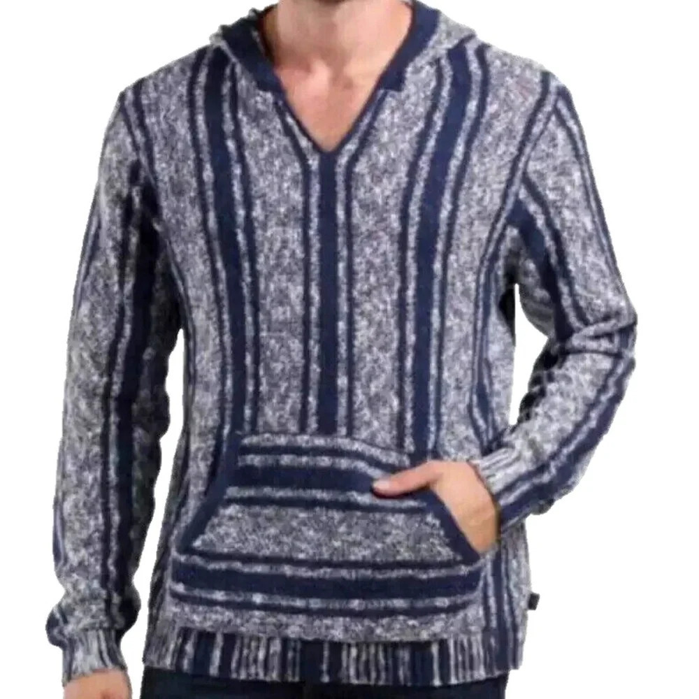 Lucky Brand Men's “NEW” Blue White Baja Boho Striped Knit V-Neck Hoodie Size M